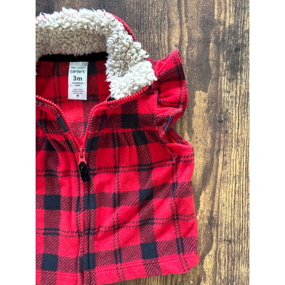 Carters Baby Girl Red Black Buffalo Plaid Fleece Vest Sherpa Collar Ruffle 3M - Picture 3 of 5